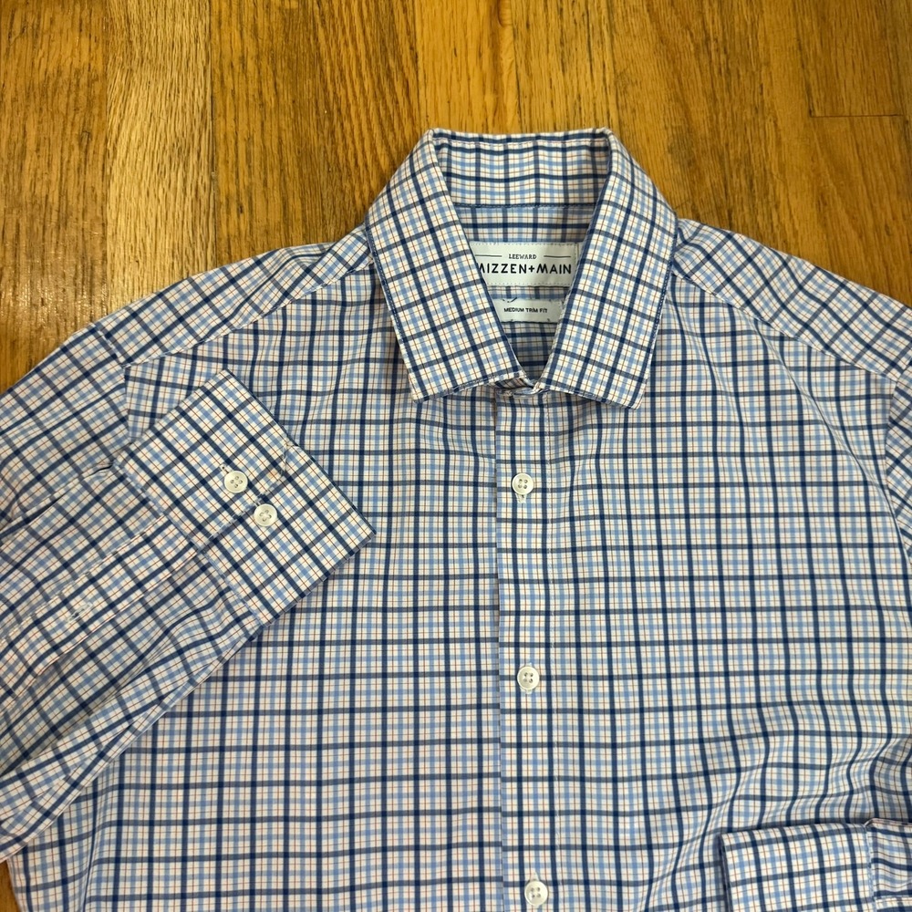 Mizzen+Main Leeward Dress SHirt Mens Medium Blue Plaid Trim Fit Stretch LS
